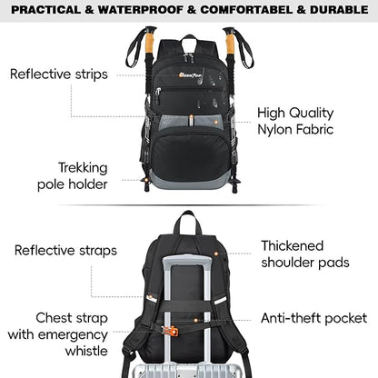 Seektop Lightweight Travel Backpack for Men Women, Multiple Pockets 40L Hiking Backpack Foldable Carry on Backpack for Outdoor Camping Sport Leisure (Black)
