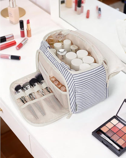 Narwey Large Travel Toiletry Bag, Wide-open Travel Bag for Toiletries, Toiletry Bags for Traveling Women, Cosmetic Make Up Makeup Bag Organizer with Wet Pocket, Skincare Bag (Greyish Blue Stripe)