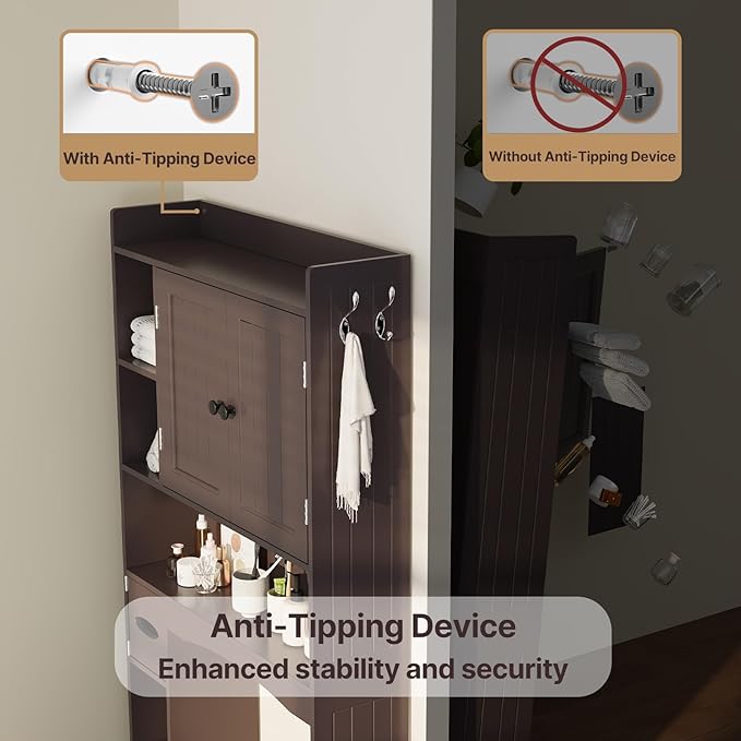 Gizoon Over The Toilet Storage Cabinet, Over Toilet Bathroom Organizer with Adjustable Shelves and 2 Doors, Over Toilet Storage Cabinet with Paper Holder, 2 Side Hooks, Space-Saver, Dark Brown