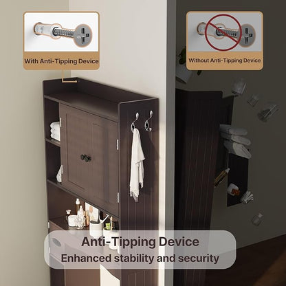 Gizoon Over The Toilet Storage Cabinet, Over Toilet Bathroom Organizer with Adjustable Shelves and 2 Doors, Over Toilet Storage Cabinet with Paper Holder, 2 Side Hooks, Space-Saver, Dark Brown