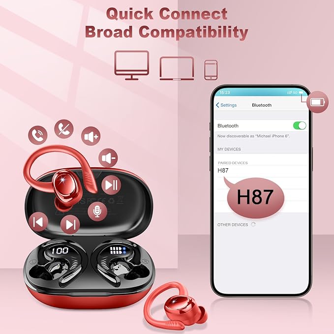 Wireless Earbuds Sport, New Bluetooth 5.4 Headphones with Earhooks, 50H Stereo Deep Bass Over Ear Buds with 4 ENC Noise Canceling Mics, IP7 Waterproof Earphones for Running Workout Gym -Red