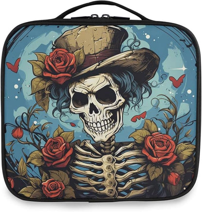 MNSRUU Travel Makeup Bag, Gothic Skull Rose Women Makeup Case Organizer Cosmetic Toiletry Bag for Teenage Girl with Adjustable Dividers