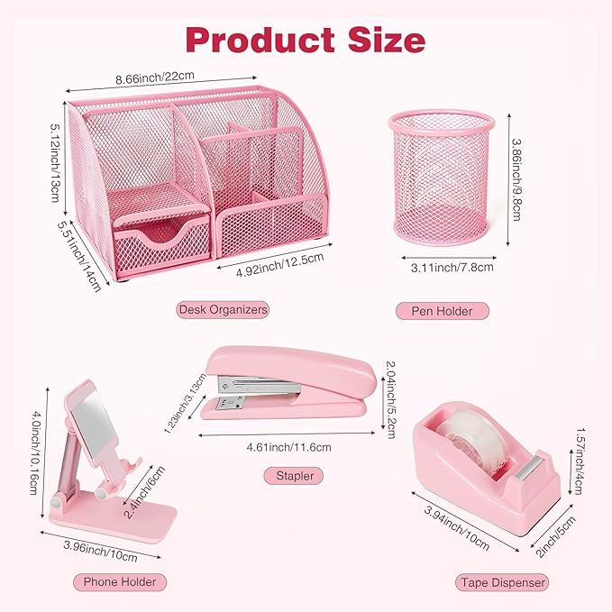 Desk Organizers and Accessories, Office Supplies 15PS Set with Stapler, Staple Remover, Pen Holder, Clips Set, Tape Dispenser, Tape, Phone Holder, 1000 Staples, Ruler, Scissors （Pink）