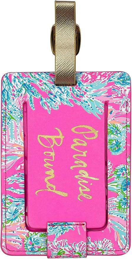 Lilly Pulitzer Leatherette Luggage Tag with Secure Strap, Colorful Suitcase Identifier for Travel