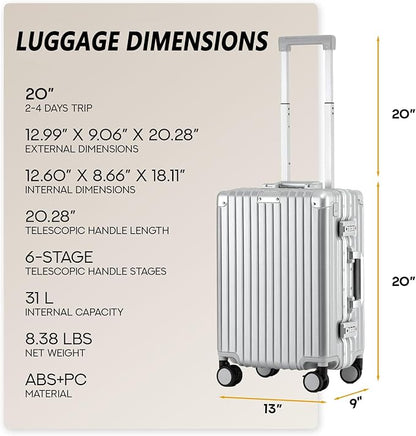 20 Inch Aluminum Frame Carry On Luggage 22x14x9 Airline Approved with Spinner Wheels,Zipperless Hard Shell Small Rolling Suitcases with TSA Approved USB Port,Cup & Phone Holder,Silver