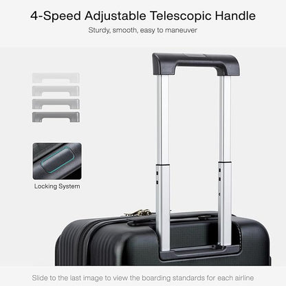 Hanke Grace Carry On Luggage with Wheels Airline Approved Hard Shell Suitcases with Front Pocket，Top Opening Luggage with TSA Lock for Short Business Travel， Jet Black.