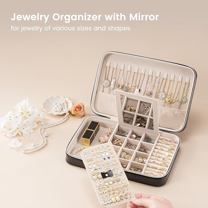 Lolalet Travel Jewelry Case for Women Girls, Travel Jewelry Organizer Box with Mirror & Clear Storage Bag, Small Portable Earring Necklace Bracelet Ring Case, Birthday Christmas Gifts -Large, Black