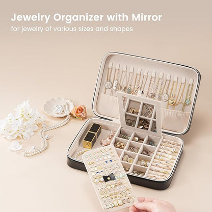 Lolalet Travel Jewelry Case for Women Girls, Travel Jewelry Organizer Box with Mirror & Clear Storage Bag, Small Portable Earring Necklace Bracelet Ring Case, Birthday Christmas Gifts -Large, Black