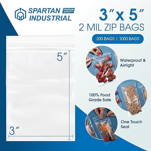 Spartan Industrial - 3” X 5” (1000 Count) 2 Mil Clear Reclosable Zip Plastic Poly Bags with Resealable Lock Seal Zipper