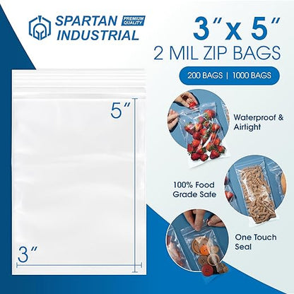 Spartan Industrial - 3” X 5” (1000 Count) 2 Mil Clear Reclosable Zip Plastic Poly Bags with Resealable Lock Seal Zipper