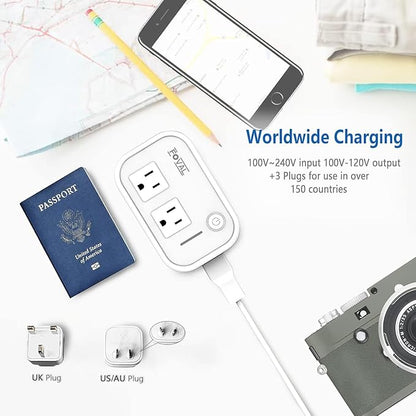 FOVAL Power Step Down 220V to 110V Travel Voltage Converter International Power Adapter for Hair Straightener/Curling Iron with 4-Port USB Charging US/UK/AU/EU Universal Plug Adapter (White)