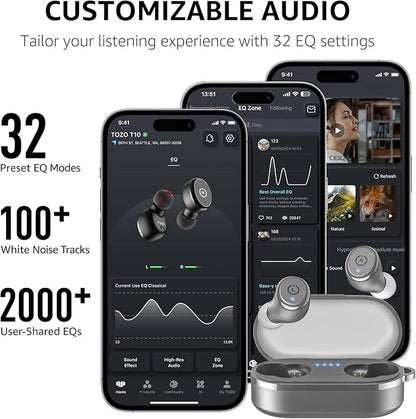 TOZO T10 Wireless Earbuds Bluetooth 5.3 Headphones, App Customize EQ, Ergonomic Design, 55H Playtime, Wireless Charging Case, IPX8 Waterproof Sound in-Ear Headset, New Version