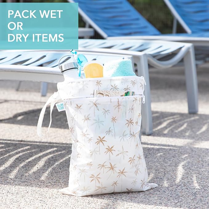 Bumkins - Waterproof Wet and Wetdry Bags - For Beach, Baby, Travel, Swim Suit, Cloth Diapers, Pump Parts, Pool, Gym, Toiletries - Reusable & Easy to Clean - Palm Trees - 2 Pack