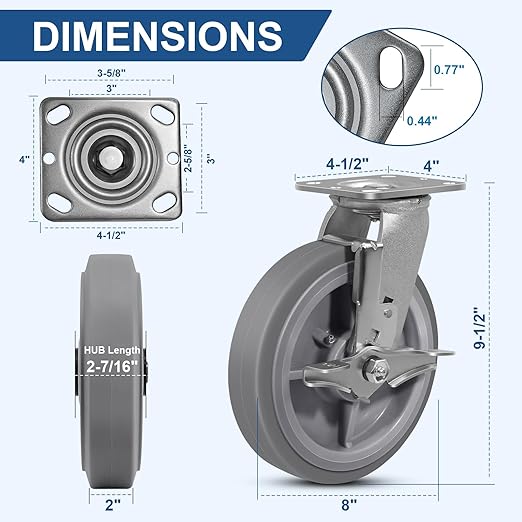 8 Inch Rubber Wheels (Flat Tread)- Heavy Duty Casters, Industrial Caster Wheels- with up to 1200 LB Capacity- Use for Dollies, Utility and Maintenance Carts(1 Brake)