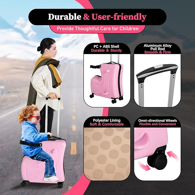 Kids Ride on Suitcase, 20" Ride on Luggage with 4 Wheels, Scooter Suitcase for Boys Girls, Toddler Carry on Suitcases with Safety Belt & Adjustable Handle, Travel Luggage for Ages 3-6 (Pink)