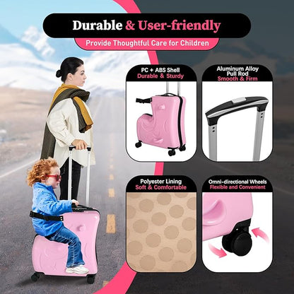 Kids Ride on Suitcase, 20" Ride on Luggage with 4 Wheels, Scooter Suitcase for Boys Girls, Toddler Carry on Suitcases with Safety Belt & Adjustable Handle, Travel Luggage for Ages 3-6 (Pink)