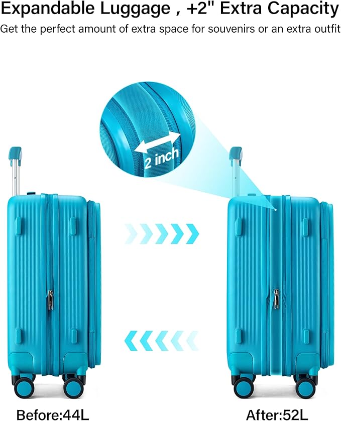 Hanke 20 Inch Expandable Carry On Luggage Airline Approved Top Opening Travel Luggage Rolling Suitcase with Cup Holder Hard Shell Suitcases with Wheels (Caribbean Blue)
