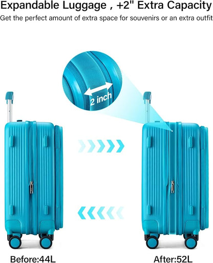 Hanke 20 Inch Expandable Carry On Luggage Airline Approved Top Opening Travel Luggage Rolling Suitcase with Cup Holder Hard Shell Suitcases with Wheels (Caribbean Blue)