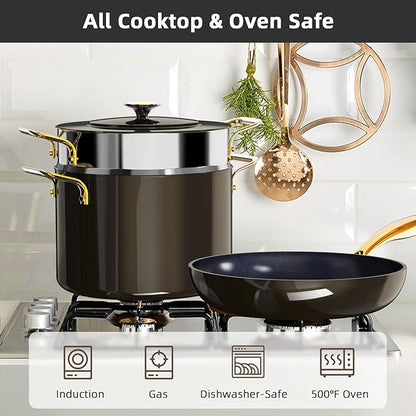 Nuwave Lux LE 13-Pc Cookware Set with Elegant Gold Handle, Diamond Infused Ceramic Non-Stick, PFAS Free, Premium Metal Lids, Ergonomic Stay-Cool Handles, Induction Ready & Compatible w/All Cooktops