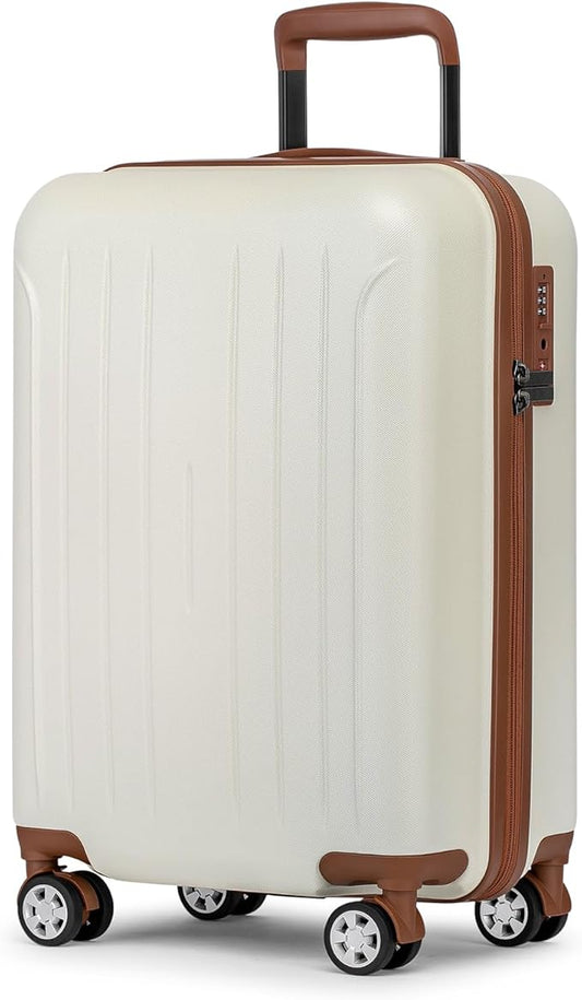 KYME Carry on luggage 22x14x9 Airline Approved Suitcase Hardshell With Double Spinner Wheels, PC+ABS TSA Lock Travel Luggage (Beige, 20" Carry On)