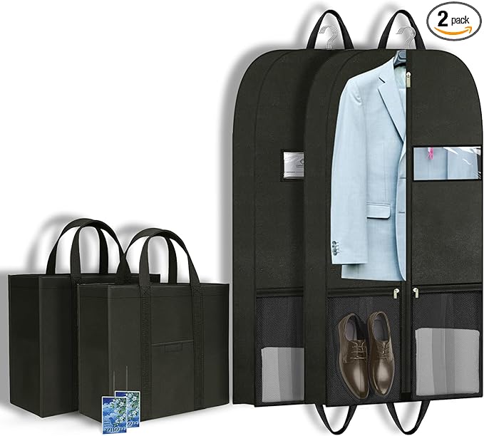 Travel Garment Suit Bag for Hanging Clothes, Suit bags for Closet Storage with Pockets Gusseted Garment bag for Men Suits Shirts Tuxedos Dresses, Suit Cover Bags With Handles and Zipper 43" 2 pack