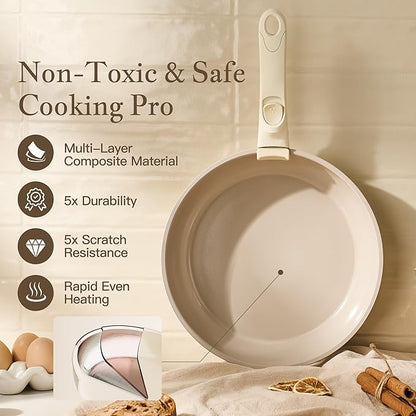 Redchef Truly Non Toxic Pots and Pans Set Non Stick, Ceramic Pot and Pan Set Non Stick, PFAS PTFE PFOA PFOS Free, Ceramic Kitchen Cookware Set with Detachable Handle, RV Camping with Frying Pans Set