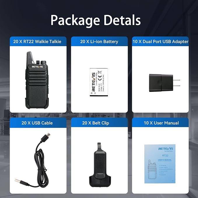 Retevis RT22 Walkie Talkies Mini, Rechargeable Two Way Radio Long Range, 2 Way Radio Small, Portable VOX, for Business Commercial Work School Church Restaurant (20 Pack,Black)