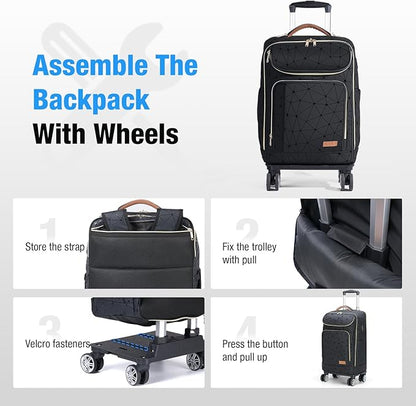 Lekebobor Travel Rolling Backpack, 18 inch Waterproof Bag with 360° Wheels for 15.6" Laptop, Convertible Airline Approved Travel Back Pack for Men & Women, Business, Commuter