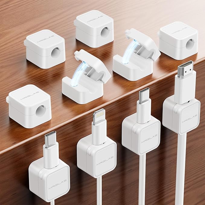 10Pack 2025 Upgraded Cord Organizer Magnetic Cable Clips [1s Lock] MRGLAS Cable Holder Office Desk Accessories with 4 Extra Strong Adhesive Pads, Wire Keeper for Nightstand Desktop Wall Car