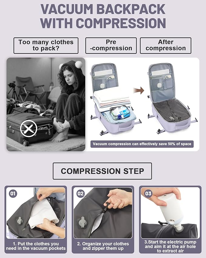 Vacuum Backpack With Pump Large Travel Laptop Backpacks For Women Men Carry On Backpack Vacpack Backpacks With Vacuum Compression Purple