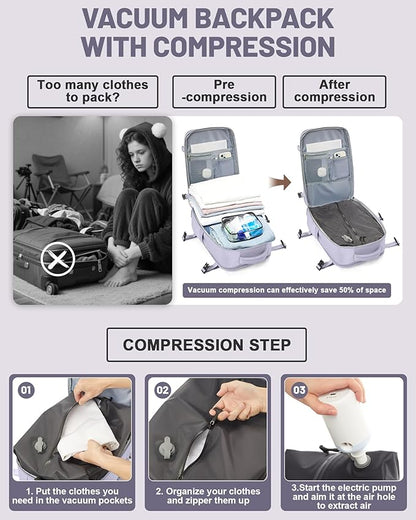 Vacuum Backpack With Pump Large Travel Laptop Backpacks For Women Men Carry On Backpack Vacpack Backpacks With Vacuum Compression Purple