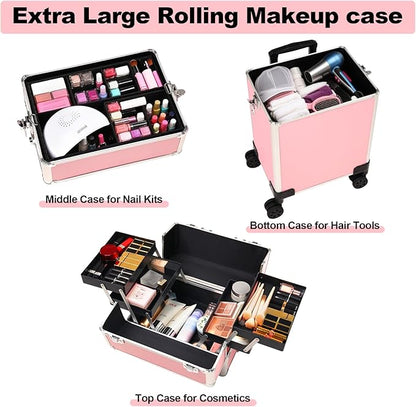 Rolling Makeup Case, Cosmetology Case on Wheels with Large Storage, Durable Design, Ideal Gift for Makeup Artists, Hairstylists, Nail Techs, Portable Beauty Organizer for Travel or Salon Use, Pink
