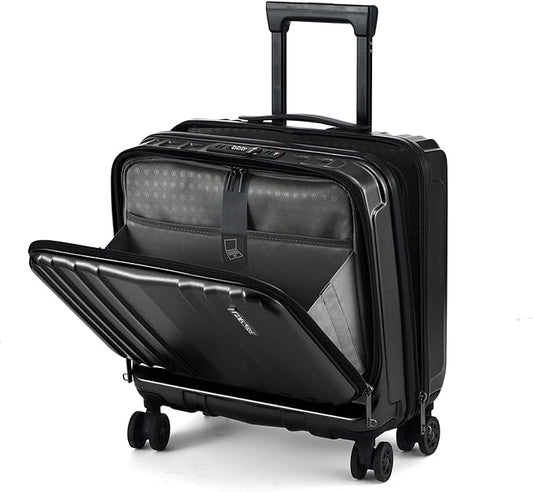TydeCkare 16" Carry on Luggage with 2 Laptop Compartments, Lightweight Hardshell ABS+PC Suitcase with Dual Control TSA Lock, with YKK Zipper, 4 Spinner Silent Wheels, for Business Travel, Black