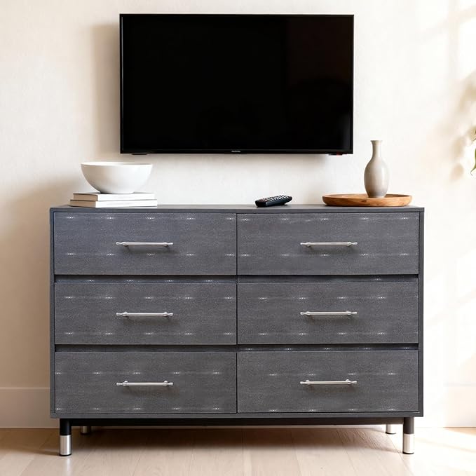 Grey Dresser for Bedroom, 6 Drawer Wood Dresser with Modern Storage Organizer, Wide Chest of Drawers for Clothes, Closet, Living Room