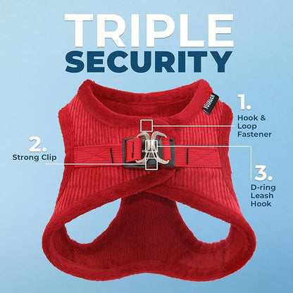 Best Pet Supplies - All Weather Mesh/Plush, Reflective, No Pull Harness for Small, Medium Dogs, Cats - Secure with Hook & Loop Fastener, Buckle, Double D-Rings - Red Corduroy, M