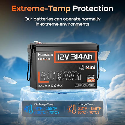 HumsiENK 12V 314Ah (300Ah) LiFePO4 Lithium Battery Bluetooth MINI, 2PACK Built-in 200A BMS, Max. 4190Wh Energy, EV A+ Cells 15000 Deep Cycles Batterys for RV, Marine, Solar