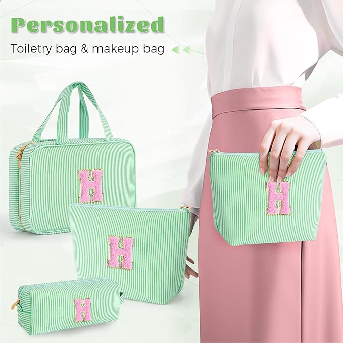 Personalized Friend Birthday Gifts - 3 Pieces Toiletry Makeup Bag Cosmetic Bags for Women Travel Make up Bag with Small Makeup Bag Wedding Bridesmaid Gifts for Women - Green H