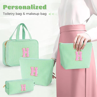 Personalized Friend Birthday Gifts - 3 Pieces Toiletry Makeup Bag Cosmetic Bags for Women Travel Make up Bag with Small Makeup Bag Wedding Bridesmaid Gifts for Women - Green H