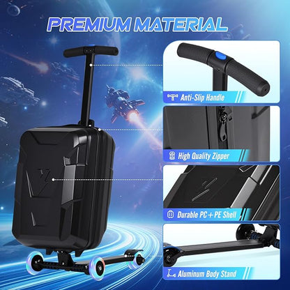 smilesun Scooter Suitcase for Kids & Adults, Foldable Carry On Travel Luggage, Hardside Ride on Scooter Suitcase with Spinner Wheels, Black