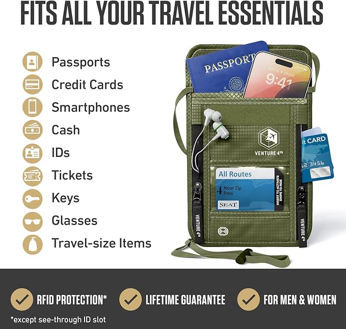 VENTURE 4TH Neck Wallet, RFID Blocking Passport Holder for Travel – Hidden Neck Pouch with 6 Compartments, Slim Lightweight Organizer with Adjustable Strap for Cash, Cards & Passport (Green)