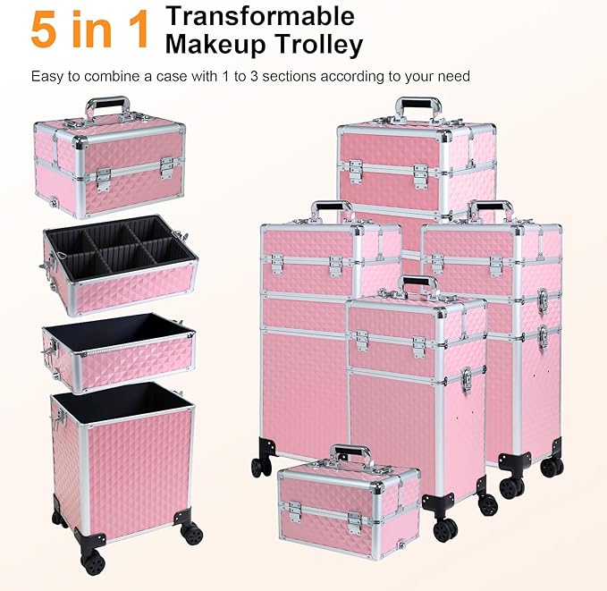 Professional Rolling Makeup Case, Cosmetology Case on Wheels 4 in 1 Large Cosmetic Train Case, Ideal Gift for Hairstylist, Nail Techs, Portable Beauty Organizer for Travel or Salon Use,pink