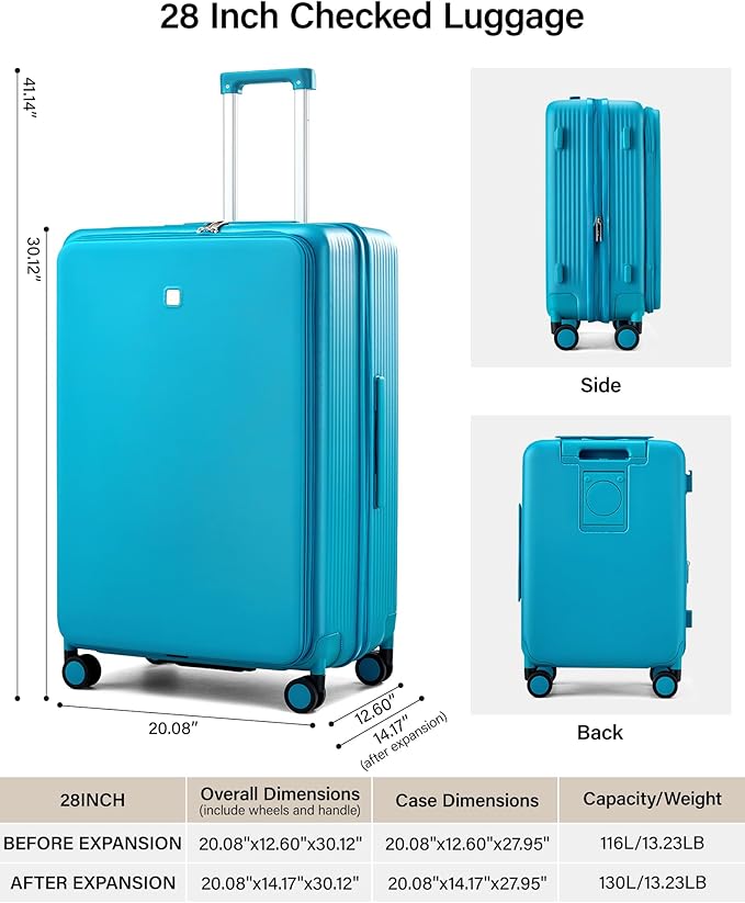 Hanke Expandable 28 Inch Luggage with Spinner Wheels Top Opening Travel Luggage Hard Shell Rolling Suitcases Large Lightweight Checked Luggage with Cup Holder(Caribbean Blue)