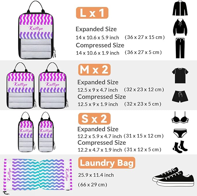 Custom 6 Set Compression Packing Cubes with Name Striped Personalized Compressible Expandable Packing Organizers Luggage Carry On Suitcase Bags Travel Accessories Gifts, Blue Purple