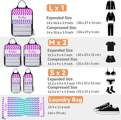 Custom 6 Set Compression Packing Cubes with Name Striped Personalized Compressible Expandable Packing Organizers Luggage Carry On Suitcase Bags Travel Accessories Gifts, Blue Purple