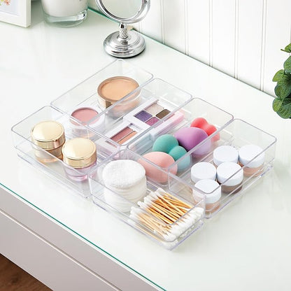 STORi SimpleSort 6-Piece Stackable Clear Drawer Organizer Set | 6" x 3" x 2" Rectangle Trays | Small Makeup Vanity Storage Bins and Office Desk Drawer Dividers | Made in USA