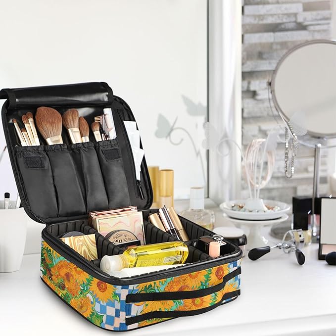 MNSRUU Travel Makeup Bag, Sunflower Blue and White Plaid Women Makeup Case Organizer Cosmetic Toiletry Bag for Teenage Girl with Adjustable Dividers