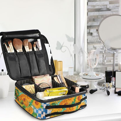 MNSRUU Travel Makeup Bag, Sunflower Blue and White Plaid Women Makeup Case Organizer Cosmetic Toiletry Bag for Teenage Girl with Adjustable Dividers