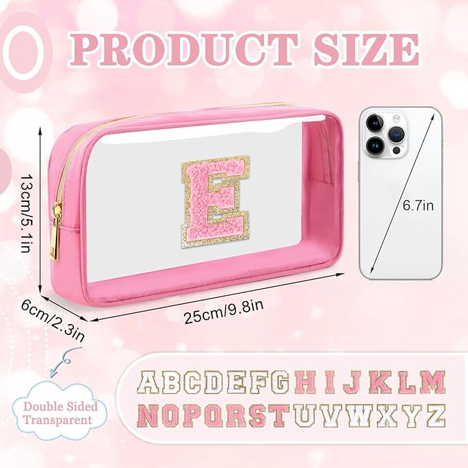 Small Clear Personalized Initial Makeup Bag,Nylon Preppy A-Z Chenille Letter Patch Cosmetic Pouch Beach Toiletry Bag,Waterproof Zipper Travel Purse Storage Bag Organizer for Women Girls(Pink-Pink E)