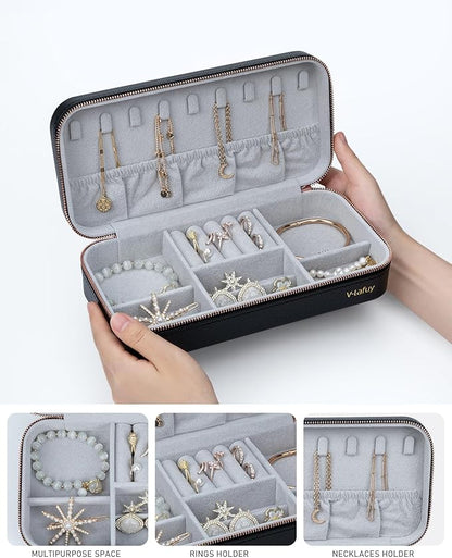 Travel Jewelry Case Organizer, Portable Jewellery Box for Women Jewelry Travel Organizer for Rings Earrings Necklaces Bracelets Watch, Black C