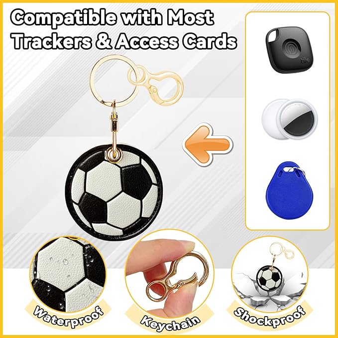 Leather Keychain for Airtag, Cute Protective Keychain Holder Compatible with Apple Air Tag,GPS Item Tracker Case Cover for Keys,Bags,Pets,Luggage(Football)